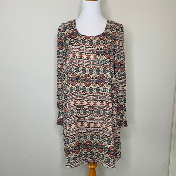 Aztec Open Back Shift Dress Tan Rust Sz Small - Picture 1 of 12